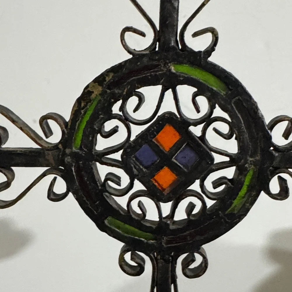 Vintage Rustic free-standing black metal cross with acrylic amber and green